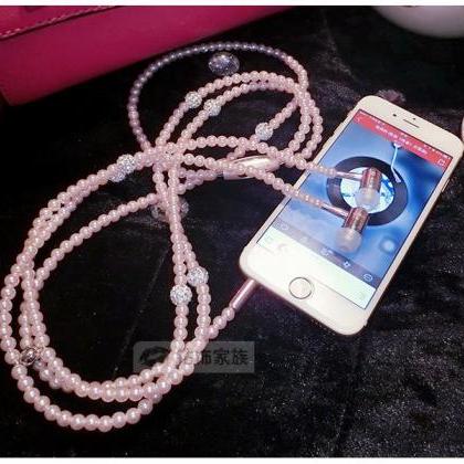 Fashionable Pearl Lanyard Necklace 3.5mm Earphone..